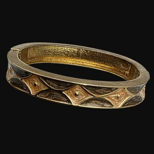 Vintage Gold-Tone Hinged Bangle Bracelet Brown Peach Enamel Geometric Cuff Boho